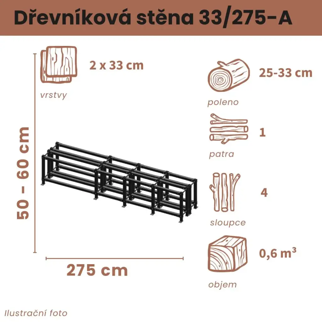 [2x33/275-A] Dřevníková stěna 33/275 cm dvojitá  (50 cm, 1 patro)