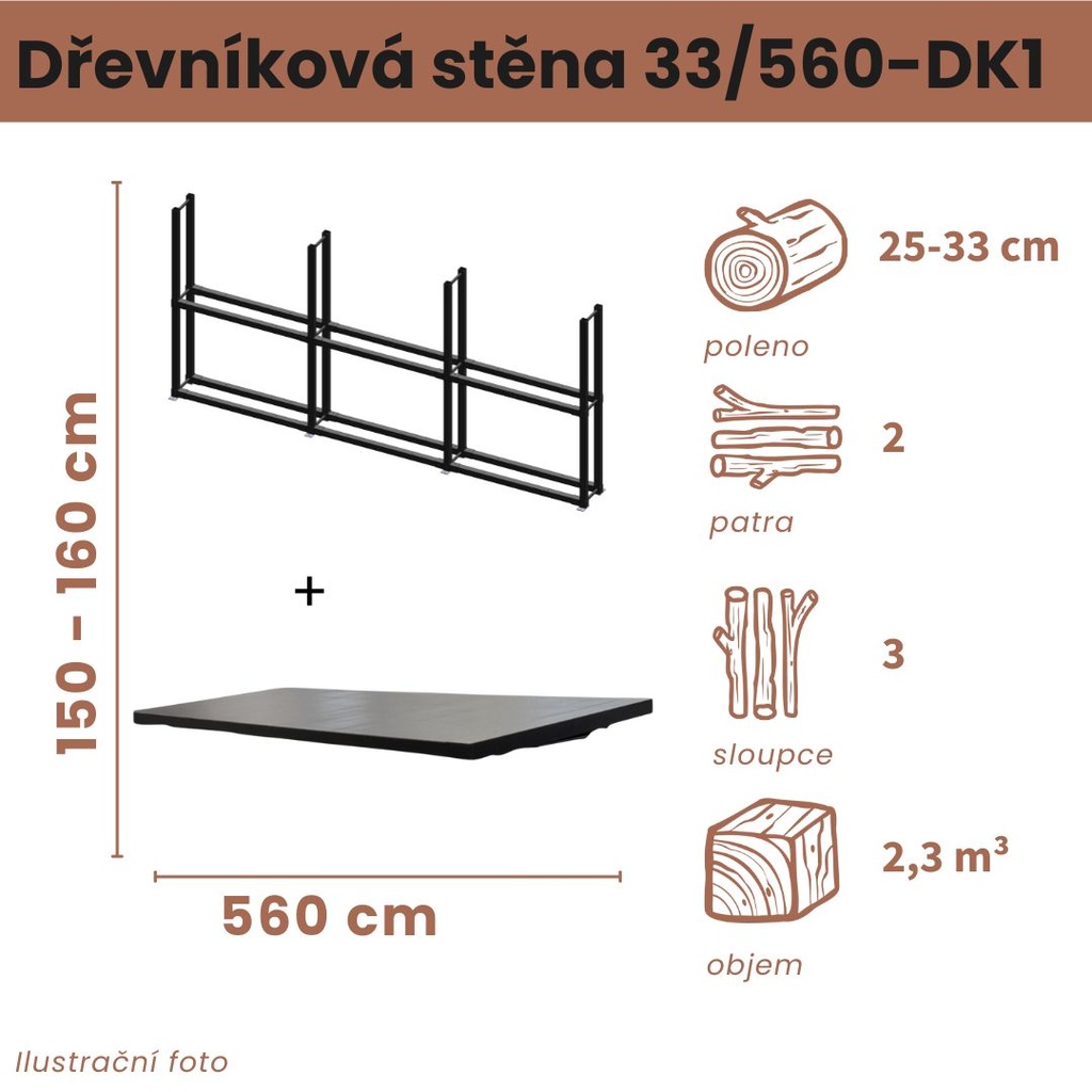 Dřevníková stěna 33/560 cm s nerezovou střechou